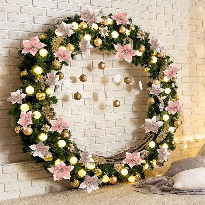 WILLBOND 36 Pieces Christmas Poinsettia Glitter Faux Flowers Christmas Artificial Flowers Tree Ornaments Topper Xmas Decorations(Champagne Gold, Rose Gold)