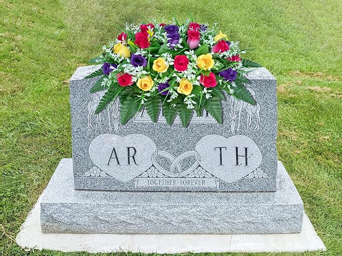 Artificial Cemetery Flowers Saddle-Shaped Tombstone Decorations Non-Fading UV-Resistant（Yellow+Purple+Brilliant Red Saddle）