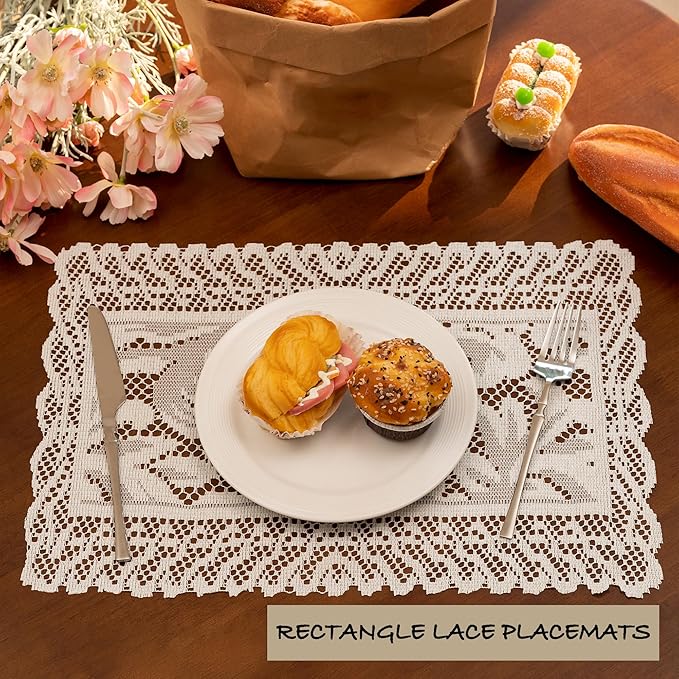 Jayla 2 Pcs Rectangle Lace Placemats for Tables Embroidered Lace Tablemats Vintage Crochet Floral Table Runner Vintage Wedding, Tea Party Decor,12x17 Inch