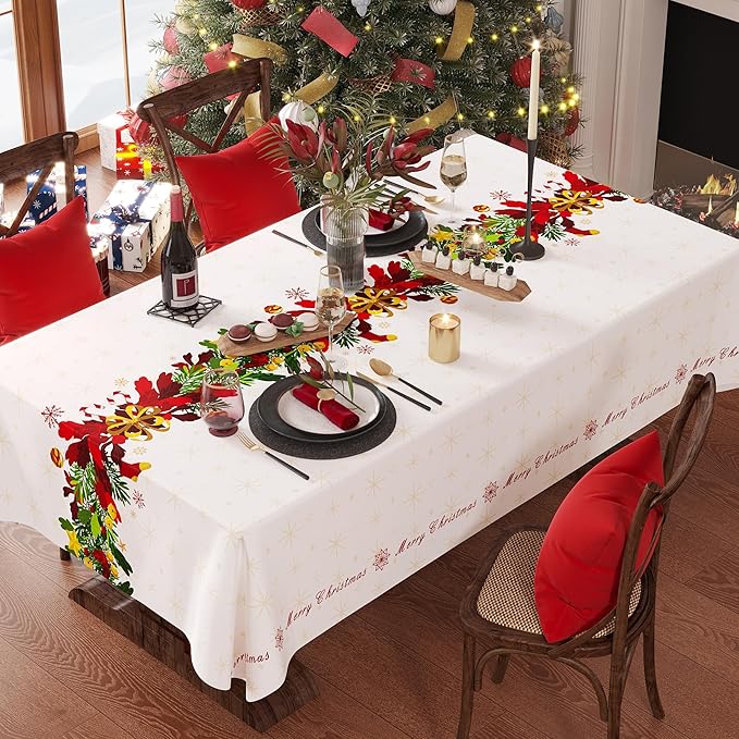 Christmas Rectangle Table Cloth,100% Waterproof Tablecloth,Christmas Decorations for Home, Vinyl Tablecloth Plastic Table Cover for Party，Picnic,Dining,Outdoor 54" x 78",Frosted Wreath