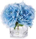 Enova Home Silk Peony Flowers Arrangements in Cube Glass Vase with Faux Water for Home Table Wedding Centerpiece Decoration (Blue)