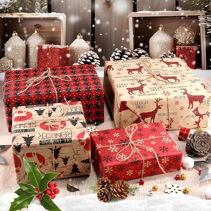 Anvure Christmas Wrapping Paper (4 Rolls: 93 sq. ft total) 17 Inch*16.4 Feet Per Rolls, Xmas Kraft Set Designs with Plaid, Reindeer, Tree, Snowflake & Star Patterns Holiday Wrap for Gift