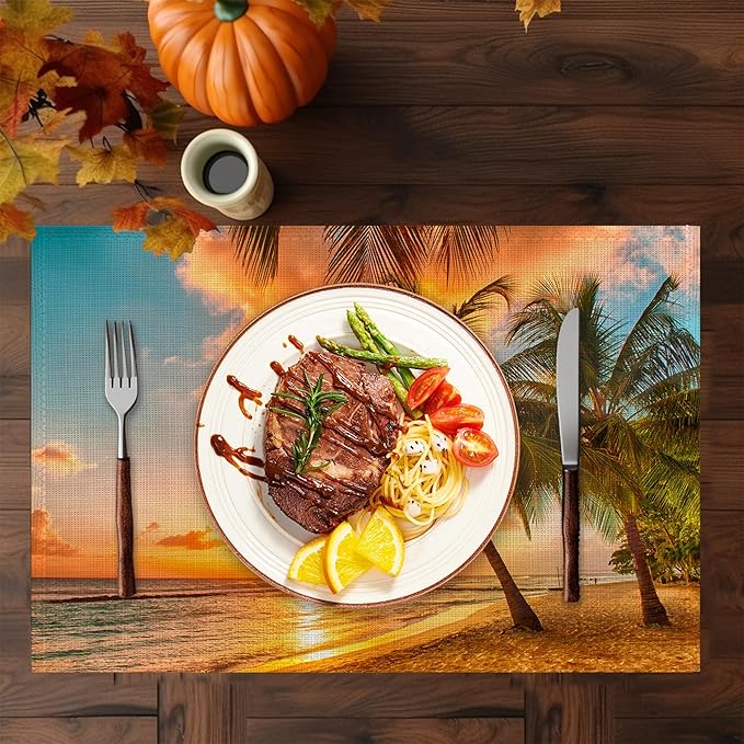 Summer Palm Beach Placemats Set of 6,Washable Heat Resistant 12×18 Inch Linen Table Mats Tropical Place Mats for Party Outdoor Dining Décor