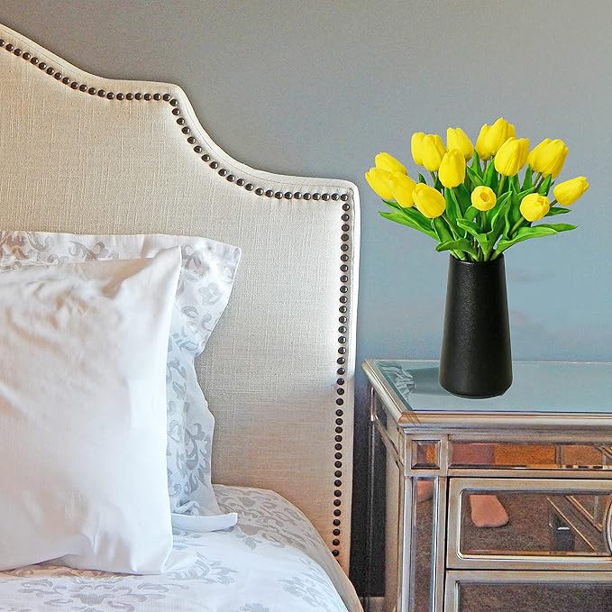 Mandy's Artificial Tulips 20 Stems Yellow PU Faux Flowers for Thanksgiving and Christmas Decorations Wedding Home Decor 13.5 Inch