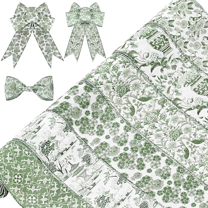 Lyrow 6 Rolls Chinoiserie Ribbon Sage Green Wired Edge Floral Ribbon Botanical Floral Flower Pattern Fabric Craft Wreath Bow Wrapping 2.52 Inches by 5 Yards