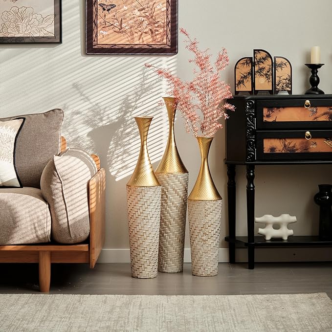 Floor Vases, Tall Home Decor Metal Vase Set of 3 Large Glazed Decorative Vases for Wedding Decor, Elegant Modern Flower Holder for Living Room, Entryway, Hallway, Dining Room