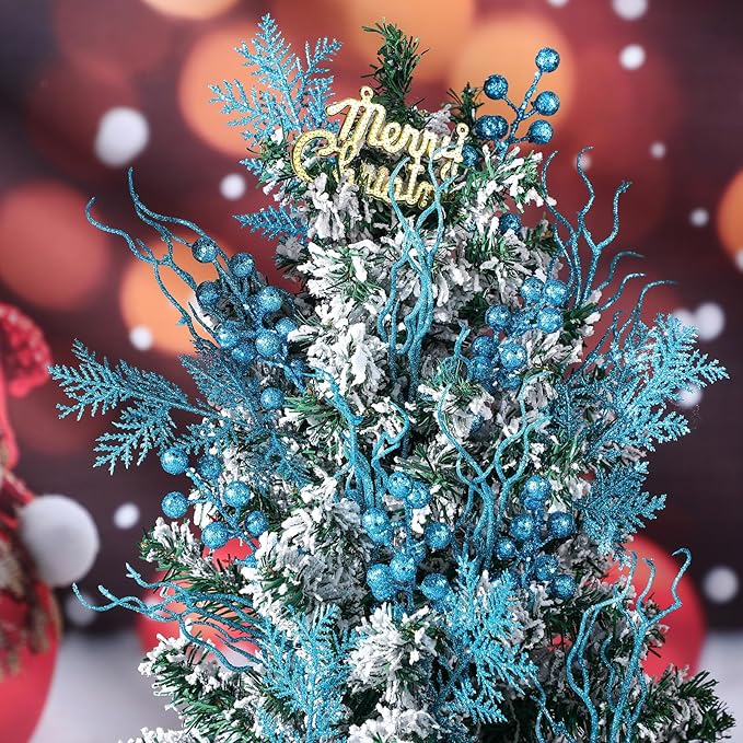 75 Pcs Christmas Glitter Branches 3 Styles Artificial Christmas Picks Berries Stems Pine Needles Floral Twig Spray for Xmas Tree Ornaments DIY Wreath Garland(Light Blue)