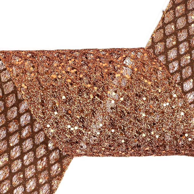 VATIN 6" Copper Christmas Ribbon, Copper Glitter Mesh Diamond Web Sequin Dots Wired Christmas Ribbon for Gift Wrapping Bow Making Wreath Supply-10 Yards