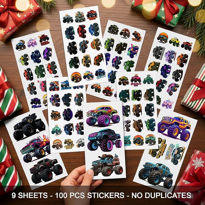 100 PCS Monster Truck Stickers Pack, Car Colorful Vinyl Waterproof Off Road Trucks Decals for Unisex Teens Adults Men Women, Gift for Laptop Water Bottle Helmet Scrapbook Wall Decorative