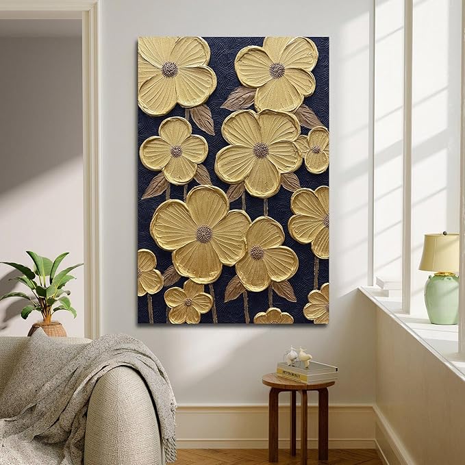 moshinart 24 x 36in Hand-Painted Oil Painting 3D Texture Black White Grey Modern Minimalist Black Abstract Wall Art, Home Office Wall Decoration Gold Petal
