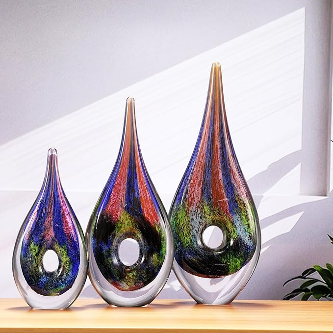 Luxury Lane Hand Blown Abstract Hollow Tear Drop Sommerso Art Glass Sculpture for Home Decor 11.5 inch Tall Centerpiece Table Decoration