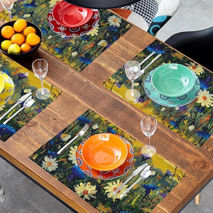 Watercolor Daisies Placemats Set of 4,Blue Cornflowers 12x18 Inch Non-Slip Washable Heat Resistant Linen Fabric Table Mats,Place Mats for Holiday Party