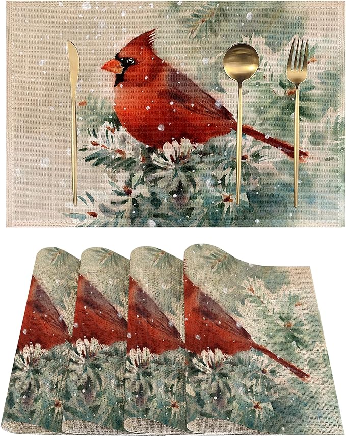 Placemats-Winter Cardinal Bird Linen Table Place Mats Set of 4 Non-Slip Heat Resistant Table Mats for Dining Kitchen Cabin Decor 12x18 Inch
