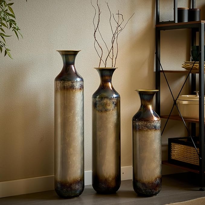 Floor Vases, Tall Home Decor Metal Vase Set of 3 Large Glazed Decorative Vases for Wedding Decor, Elegant Modern Flower Holder for Living Room, Entryway, Hallway, Dining Room