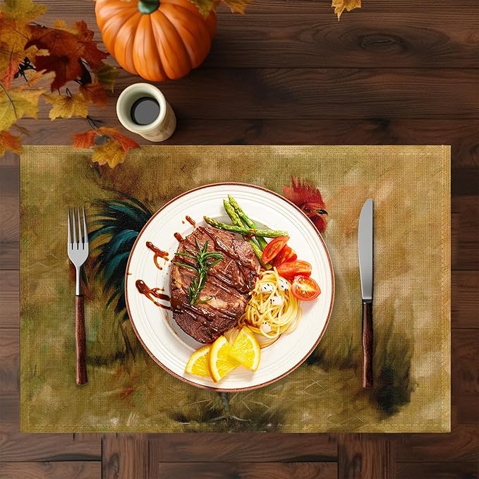 Fall Roosters Placemats Set of 6,Washable Heat Resistant 12×18 Inch Linen Table Mats Farmhouse Animal Place Mats for Party Outdoor Dining Decor