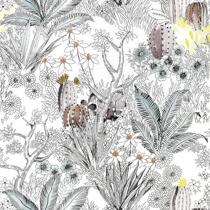 Wudnaye Gray Floral Peel and Stick Wallpaper Vintage Contact Paper 17.7 inch × 196.8 inch Self Adhesive Cactus Wall Paper Stick and Peel Flower Removable Botanical Wallpaper for Bathroom Boho