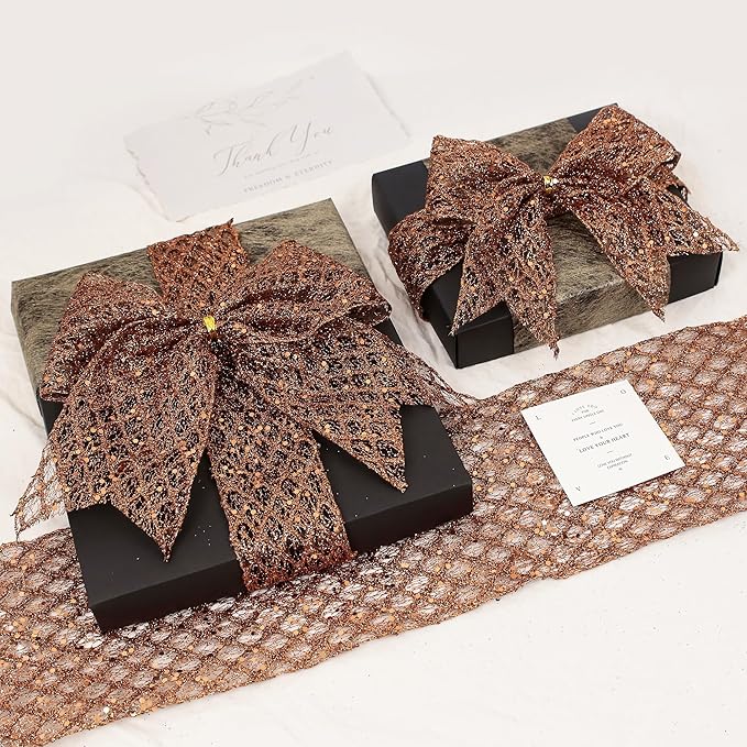 VATIN 6" Copper Christmas Ribbon, Copper Glitter Mesh Diamond Web Sequin Dots Wired Christmas Ribbon for Gift Wrapping Bow Making Wreath Supply-10 Yards
