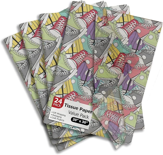 Pro Supply Global Sneakers Printed Tissue Paper for Birthday Party Gift Bags or Boxes and Wrapping - Bulk Decorative Art Tissue Paper for Packaging and Gifting | 24 Sheets 20" x 30"
