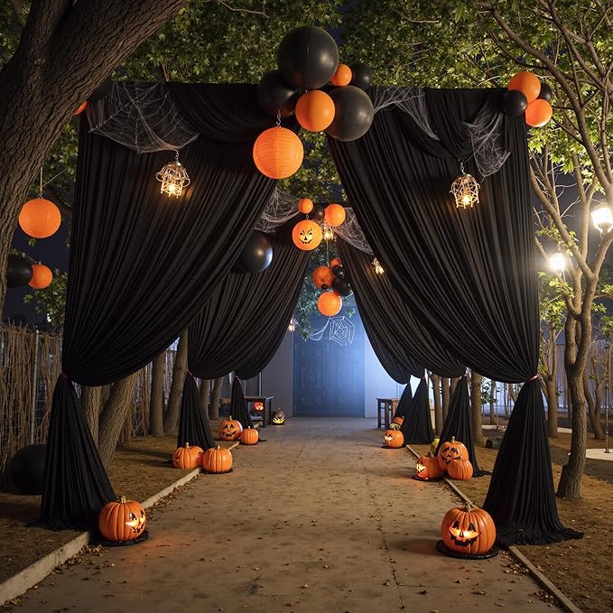 gogoparti 10x15 ft Black Backdrop Curtain for Weddings & Parties - 2-Panel Wrinkle-Free Polyester Drape, 15 FT Long for Birthday, Baby Shower, Halloween Photography Background