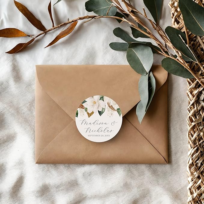 Personalized Floral Wedding Stickers with Your Choice of 30 Flower Styles - Choose Font and One of Five Pre-made Phrases or Add Custom Text (009 - Magnolia)