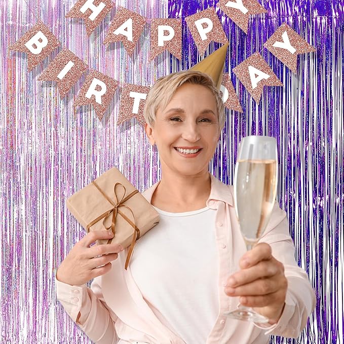 BRAVESHINE 1 Purple 1 Pink Streamers Party Backdrop - 3.2 ft x 8.2 ft Metallic Tinsel Foil Fringe Curtains for Hunters/Christmas/Girl/Women/Birthdays/Engagement/Bridal Shower/Bachelorette Decorations