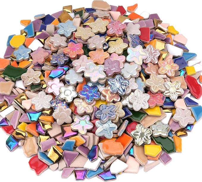 2.5 lb Irregular & Flower Ceramic Mosaic Tiles for Crafts - (800g Small Irregular Tiles + 330g Flower Mosaic Pieces), Mix Shapes & Colors Ceramic Mosaics for DIY Projects & Home Decor