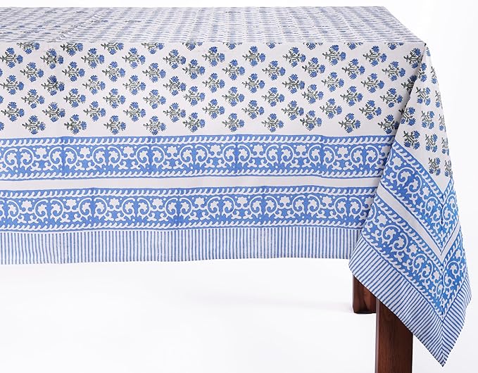 ATOSII Gulbahar Blue 100% Cotton Fall Rectangle Tablecloth, Hand Block Print Washable Table Cover, Christmas Parties Buffet Dining, Weddings, Thanksgiving Easter Home Decor, 60 X 90 Inches 6 Seater