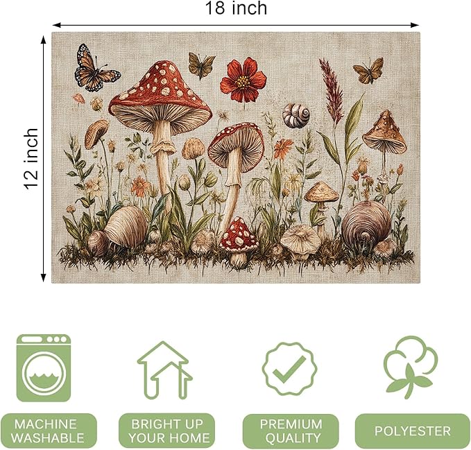 Rustic Mushroom Placemats Set of 4 Washable Table Mats Vintage Botanical Leaf Heat-Resistant Cotton Linen Place Mats for Dining Table Kitchen Indoor Outdoor Party Holiday Decor