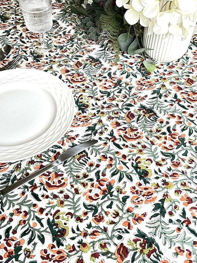 ATOSII Ambrosia Green 100% Cotton Round Tablecloth, Handblock Print Floral Table Cloth for Kitchen Dining Linen I Weddings, Outdoors, Thanksgiving, Christmas I Fall Home Decor I 90" Inches Round