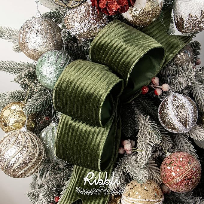 Ribbli Glossy Moss Green Velvet Wired Ribbon 4 Inch Striped Velvet Christmas Ribbon for Gift Wrapping Christmas Tree Decoration Crafts Wreaths Supplies-Continuous 10 Yards