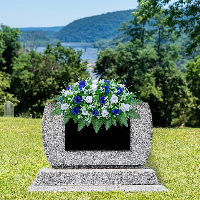 Artificial Cemetery Flowers Saddle-Shaped Tombstone Decorations Non-Fading UV-Resistant（Blue+White Saddle ）