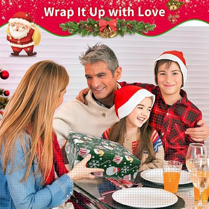 Christmas Wrapping Paper for Gifts (4 Rolls: 93 sq. ft. ttl) Funny Candy Cane Santas, Reindeer, Christmas Tree, Snowflakes - 17 inches x 16.5 feet Per Roll