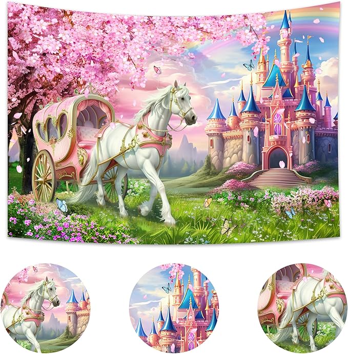 Riyidecor Princess Castle Backdrop Polyester Fabric Pink Sakura Rainbow Flowers Floral Fantasy Fairy Tale Wonderland 7Wx5H Feet White Horse Carriage Photography Background Birthday Photo Studio Shoot