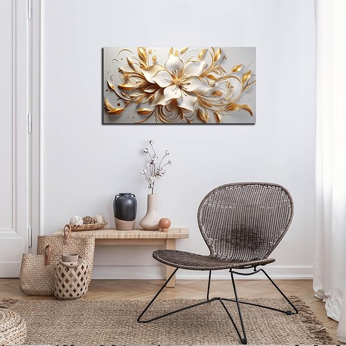 Flower Painting Wall Decor Living Room White and Gold Wall Art for Bedroom Modern Art Wall Decor Office Size 20" x 40"