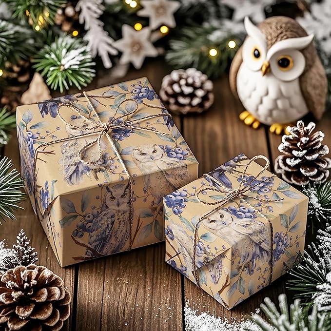 WRAPAHOLIC Kraft Christmas Wrapping Paper - Mini Roll - 17 Inch x 33 Feet - Owl Wrapping Paper Wild Animal Winterfall Watercolor Design for Christmas, Holiday, Party Celebration