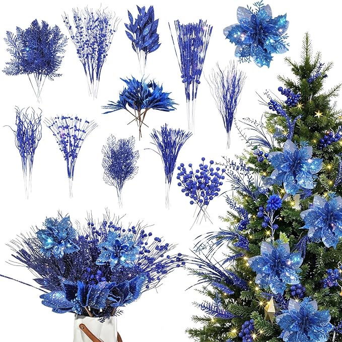 Yerliker 108 Pcs Blue Glitter Christmas Picks and Sprays, 12 Styles Artificial Christmas Floral Berry Branches Flowers Stems for Xmas Tree Ornaments Wreath Garland DIY Vase Holiday Party Decor
