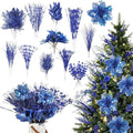 Yerliker 108 Pcs Blue Glitter Christmas Picks and Sprays, 12 Styles Artificial Christmas Floral Berry Branches Flowers Stems for Xmas Tree Ornaments Wreath Garland DIY Vase Holiday Party Decor