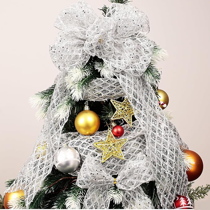 VATIN 2-1/2" Silver Christmas Ribbon, Silver Glitter Mesh Diamond Web Sequin Dots Wired Christmas Ribbon for Gift Wrapping Bow Making Wreath Supply-10 Yards