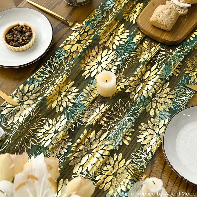 Artoid Mode Green Gold Dahlia Flower Gauze Table Runner 120 Inch 10FT, Glitter Metallic Foil Seasonal Sheer Dining Holiday Table Decor for Home Party
