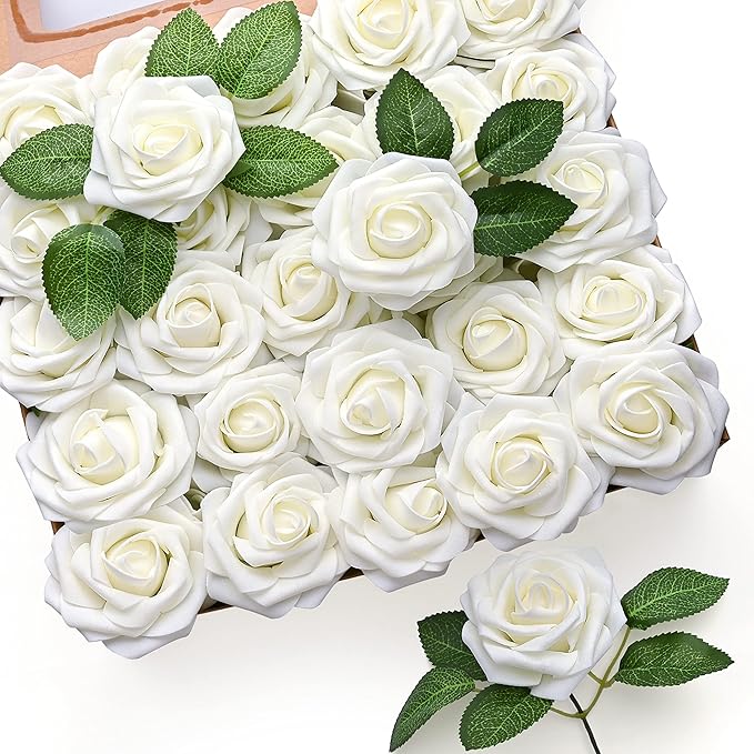Mocoosy 50Pcs White Rose Artificial Flowers, Ivory Roses for Decorations, Real Touch Fake Rose with Stems Bulk DIY Wedding Bouquet Bridal Shower Centerpiece Faux Floral Arrangement Party Home Decor