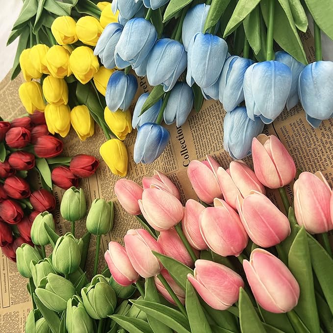 20pcs Artificial Tulips Flowers Fake Faux PU Tulip Bouquet Real Touch Flower Arrangement for Home Room Office Party Wedding Decoration Excellent Gift Idea for Mothers Day (Pink)