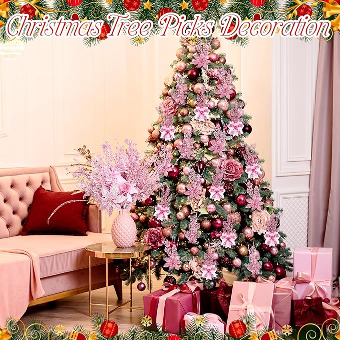 18 Pack 3 Styles 17 Inch Christmas Glitter Poinsettia Berry Stems Ornaments Artificial Floral Branches Picks for Christmas Tree Home Vase Holiday Party Decor(Pink)