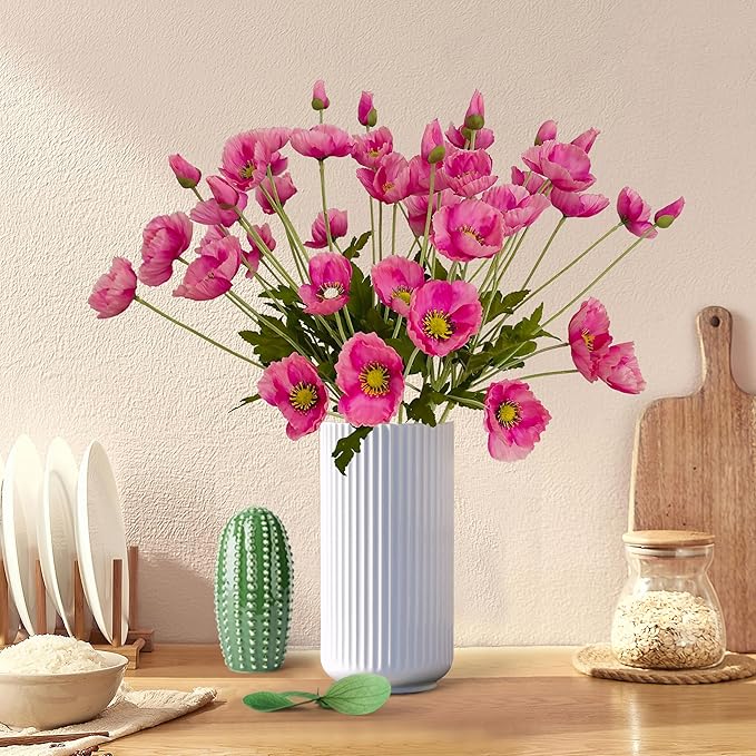 ATFL Hot Pink Poppy Flowers Artificial for Wedding Decorations,12 Pcs Fake Faux Silk Poppies Bulk for Home Decor Table Centerpieces Floral Arrangement (23.5‘’, Hot Pink)