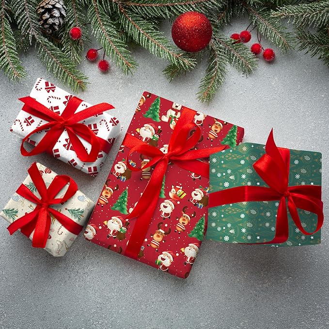 4 Rolls Christmas Wrapping Paper, 30 Inch x 14.8 Feet per Roll, Totaling 148 sq. ft. – Ornaments, Santa, Reindeer & Gift Box Designs, Eco-Friendly & Durable Coated Paper Gift Wrap for Christmas Presents & Holiday Decor