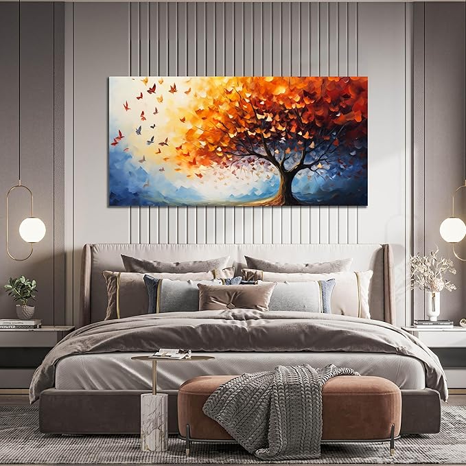 ANCXWOTER Butterfly Tree Canvas Wall Art for Living Room Bedroom Home Office Orange and Blue Colorful Butterfly Picture Tree of Life Wall Art Large Modern Canvas Prints 29x59 In