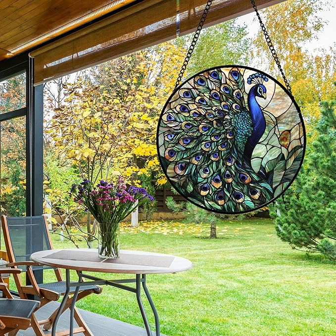 Stained Glass Window Hanging, Blue Green Peacock Decor Suncatcher for Door Garden Home Decoration Bird Sun Catchers Christmas Mother's Day Birthday Gifts for Women Men Mom Nana Friend 15 in