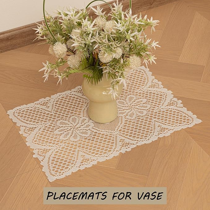 Jayla 2 Pcs Rectangle Lace Placemats for Tables Embroidered Lace Tablemats Vintage Crochet Floral Table Runner Vintage Wedding, Tea Party Decor,12x17 Inch
