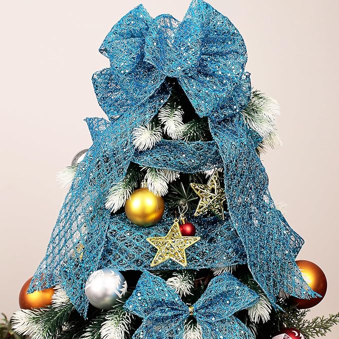 VATIN 6" Turquoise Christmas Ribbon, Blue Glitter Mesh Diamond Web Sequin Dots Wired Christmas Ribbon for Gift Wrapping Bow Making Wreath Supply-10 Yards