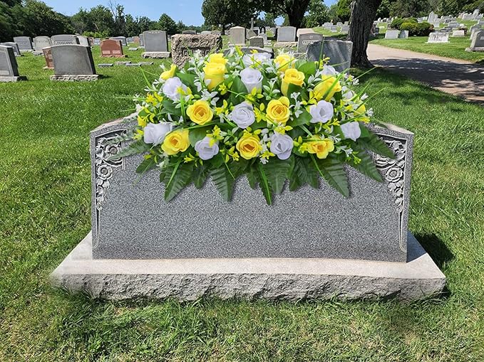 Artificial Cemetery Flowers Saddle-Shaped Tombstone Decorations Non-Fading UV-Resistant（Yellow and white saddle ）