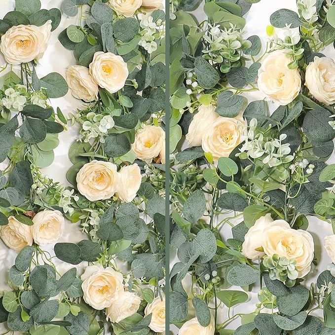 TOCHGREEN 4 Pack 24Ft Artificial Eucalyptus Flower Garland with Champagne Roses, Fake Rose Flower Greenery Garland Floral Vines for Wedding Home Party Table Runner Decor (4PCS, Champagne)